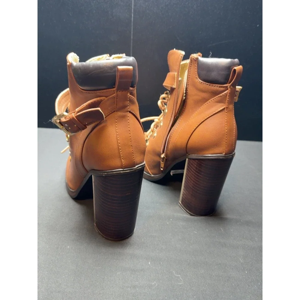 Torrid Womens 10W Cognac Lace Up Heeled Combat Ankle Boots Buckle Zip Wide